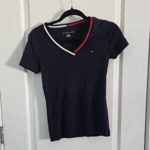 Tommy Hilfiger Women's Navy V-Neck Tee with Red and White Trim